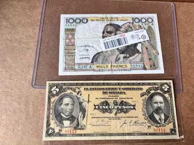 【Blue Auction】世界纸币精拍第762期——18级TOP拍卖/信誉/品质/专业/高效💫 - 【一组2张】古巴 1915年5比索&法属西非 1000法郎 流通品相
