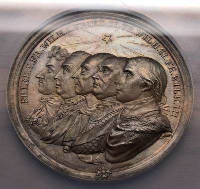 凡希社世界钱币微拍月度大拍（2025/12） - 1801德国普鲁士王国百年纪念大银章NGC-MS63，历史名章，正面的五代普鲁士国王雕刻极为生动传神，背面的神话场景繁复精美，堪称同类题材中的翘楚！