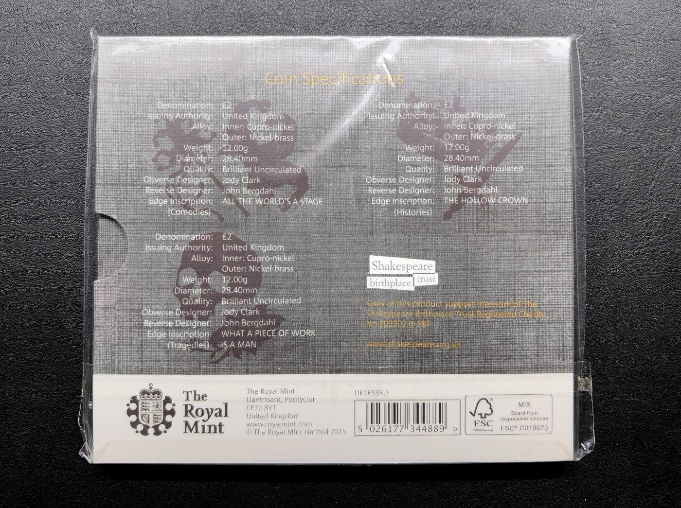 凡希社世界钱币微拍月度大拍（2025/12） 2016英国莎士比亚2英镑卡册，原厂塑封全品。