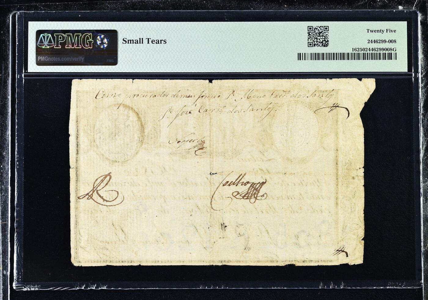 【Blue Auction】世界纸币精拍第762期——18级TOP拍卖/信誉/品质/专业/高效💫 【葡国最早的纸币之一 文物级别  克劳斯目录无法定价只有横线 唯一冠军分 仅2个记录存世极罕见 无47 两张一套】葡萄牙帝国 若昂六世时期 1805年1200瑞斯实钞 两个小孩浇花 带刚戳水印及盾徽 PMG25 非常值得收藏有意义的一张早期纸币（葡萄牙首张纸币于1797年发行）