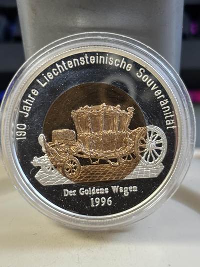 第185期拍卖 - 列支敦士登1996年黄金马车双色加厚精制纪念银币，925银镀金，46克，发行500枚，有氧化【银价638】