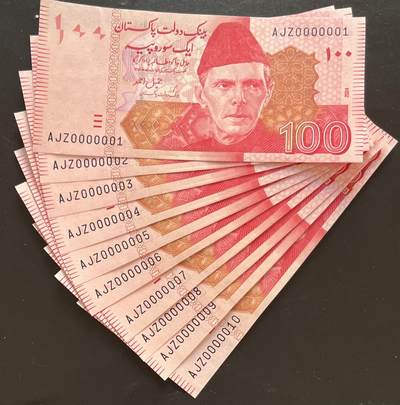 小福收藏拍卖第197期 裸钞场 本期有多张豹子号靓号 百慕大03年50元纪念钞百位号 马来亚和英属婆罗洲开国第一张纸币大冠女王 马来亚 41年1元英王乔六 法属太平洋10000法郎 捷克1000克朗纪念钞千位号  卢森堡 1000法郎  萨尔瓦多样钞 匈牙利 法罗群岛 危地马拉等多国精美纸币 - 巴基斯坦 2024年 100 卢比 个位号 0000001-0000010 1组10张 unc