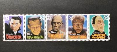 ↓君缘收藏679期☞钱币邮品↓无佣金、可寄存、满30元包邮  - 美国邮票，1997年电影中的恐怖角色木乃伊狼人等连票5全