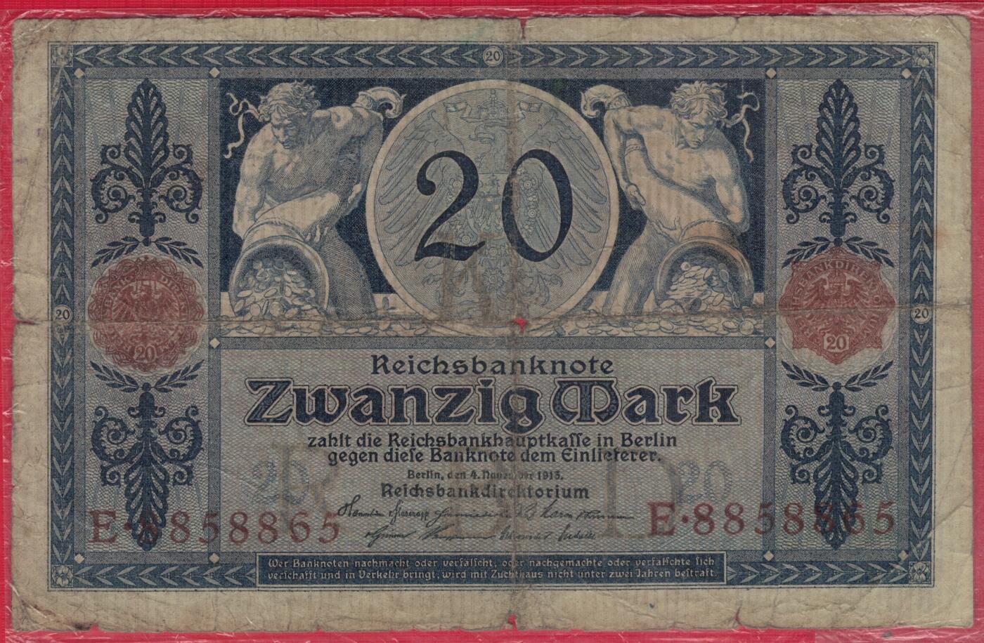 德国1915年20马克 P-63 无47 数三 实物图