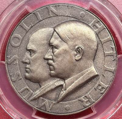 凡希社世界钱币微拍月度大拍（2025/12） - 荐！1938德国柏林-罗马轴心双头像纪念银章PCGS-SP64，灰彩标准器，matte磨砂底板，保存状态极佳，见证二战历史的珍稀品种。（视频参考）