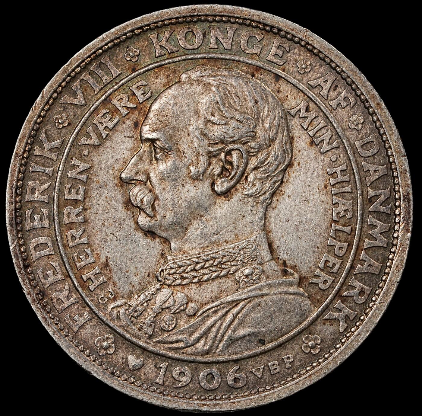 修遠堂世界钱币第九十七期 1906 年丹麦王室更迭-克里斯蒂安九世的逝世，新国王弗雷德里克七世继位纪念2克朗银币 15g，含银80%