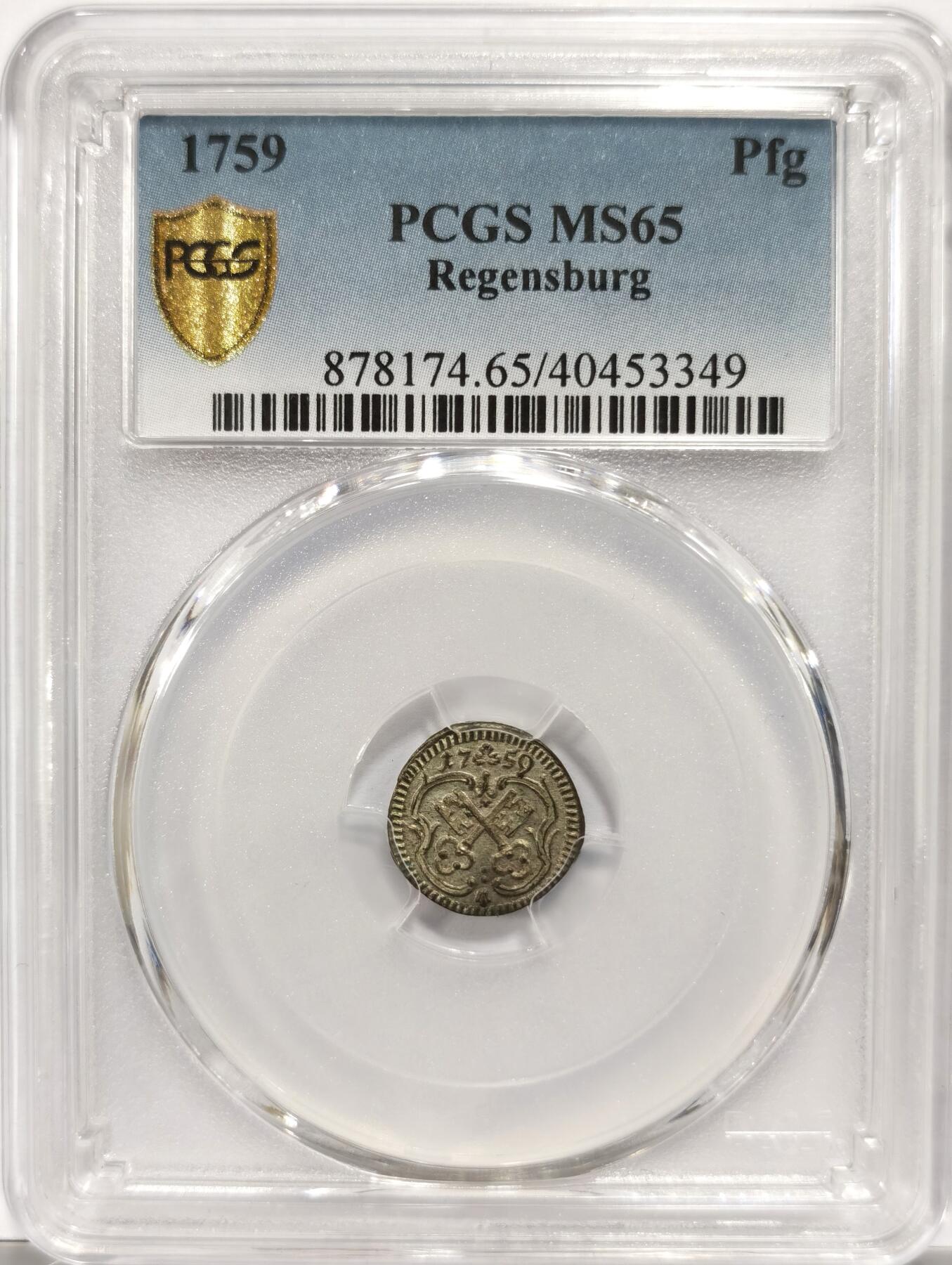 博洋堂世界钱币拍卖第153期（全场包邮） PCGS MS65 德国雷根斯堡1759年1芬尼银币，仅有2枚更高分