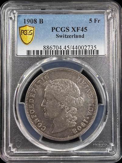 【雨安】【直播拍卖】【世界币章121期-评级币】2025-12-20 周六 19:30 保真 - [评级欧洲] Switzerland 瑞士 5法郎 KM#0034 (1888-1916) 赫尔维蒂娅桂冠  PCGS-XF45