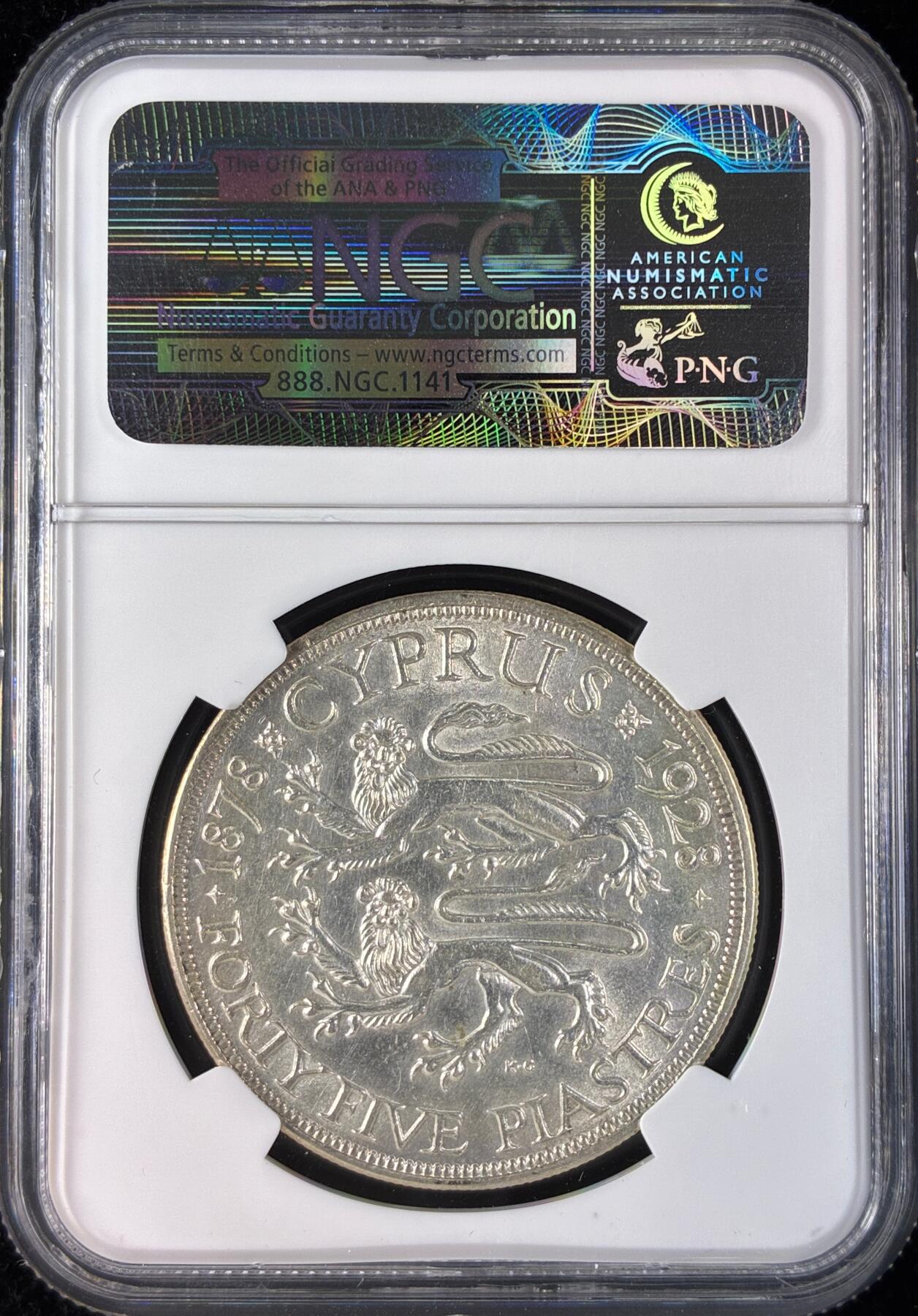 【雨安】【直播拍卖】【世界币章121期-评级币】2025-12-20 周六 19:30 保真 [评级欧洲] Cyprus 塞浦路斯 45皮阿斯特 1928年 乔治五世  NGC-AU55