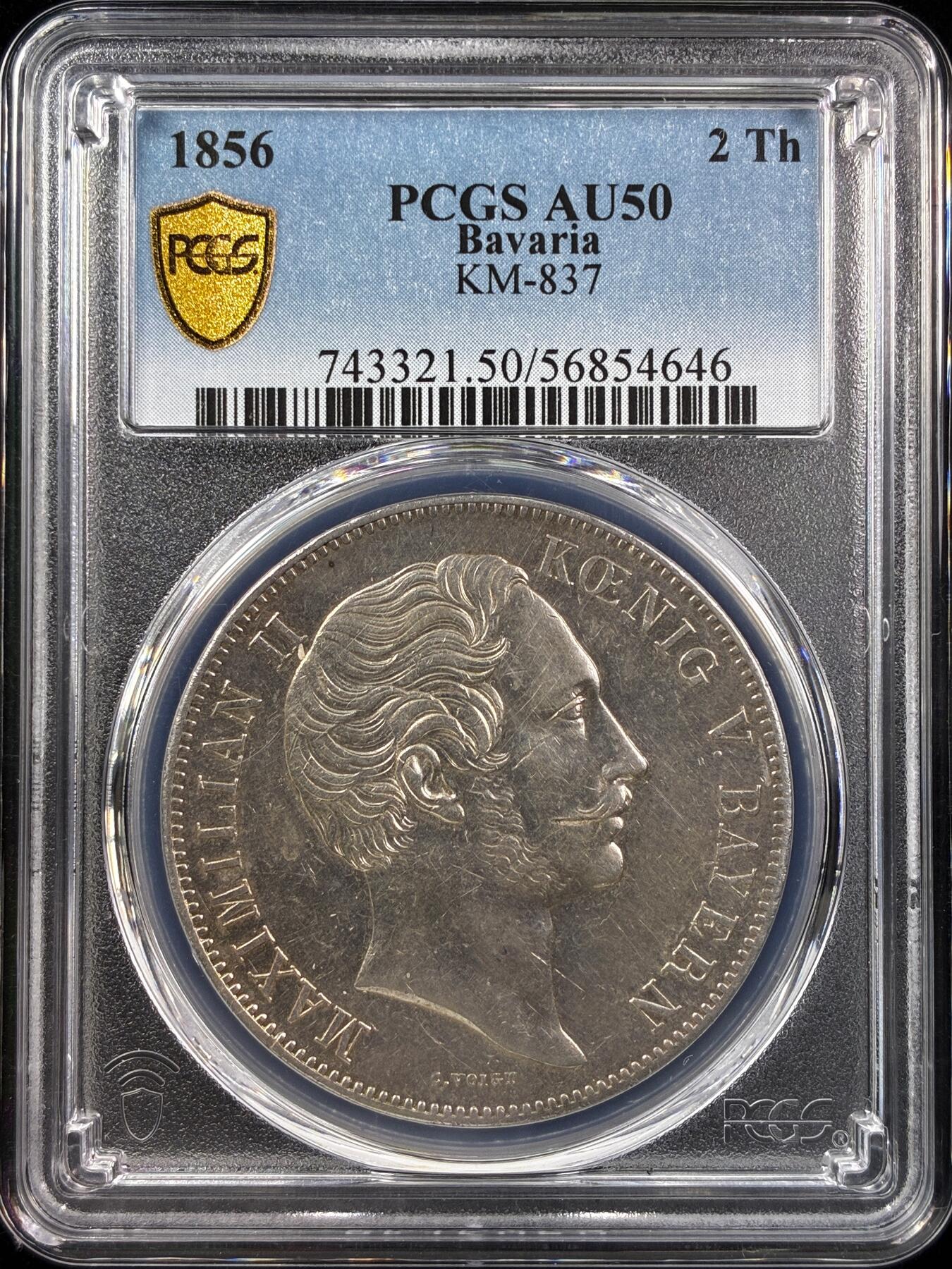 【雨安】【直播拍卖】【世界币章121期-评级币】2025-12-20 周六 19:30 保真 [评级德国] Germany 德国 德意志 2泰勒 Bavaria巴伐利亚 历史泰勒 Thun.096 KM#0850 1856年 马克西米利安二世国王纪念碑  PCGS-AU50