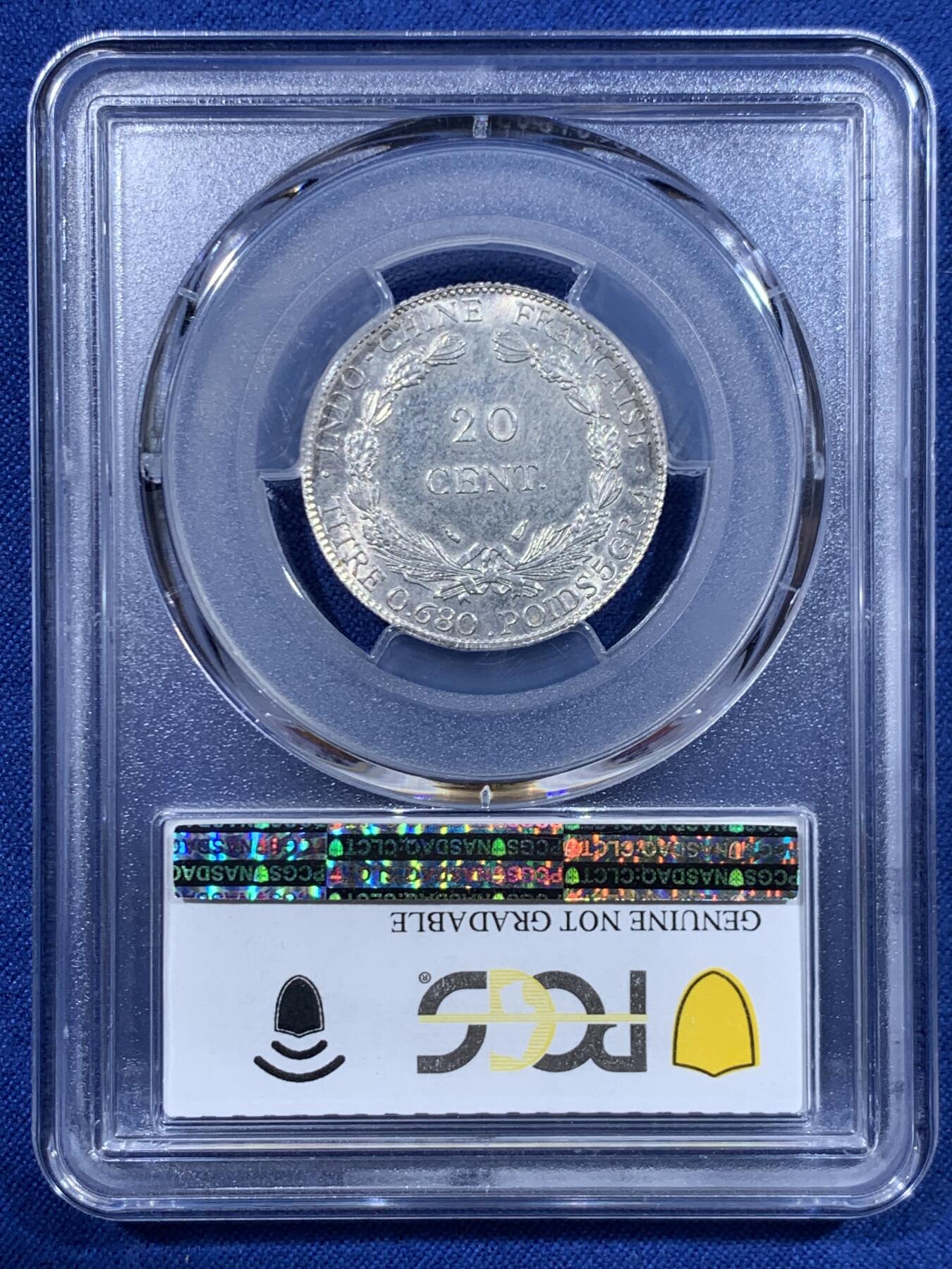 《竞宝斋》第447场 周日，周一，2场连拍 （全场包邮） PCGS UNCD 法属印支 1937年 坐洋20分银币，有点严评了，底板好有光泽，会养包浆的可砸盒养包浆