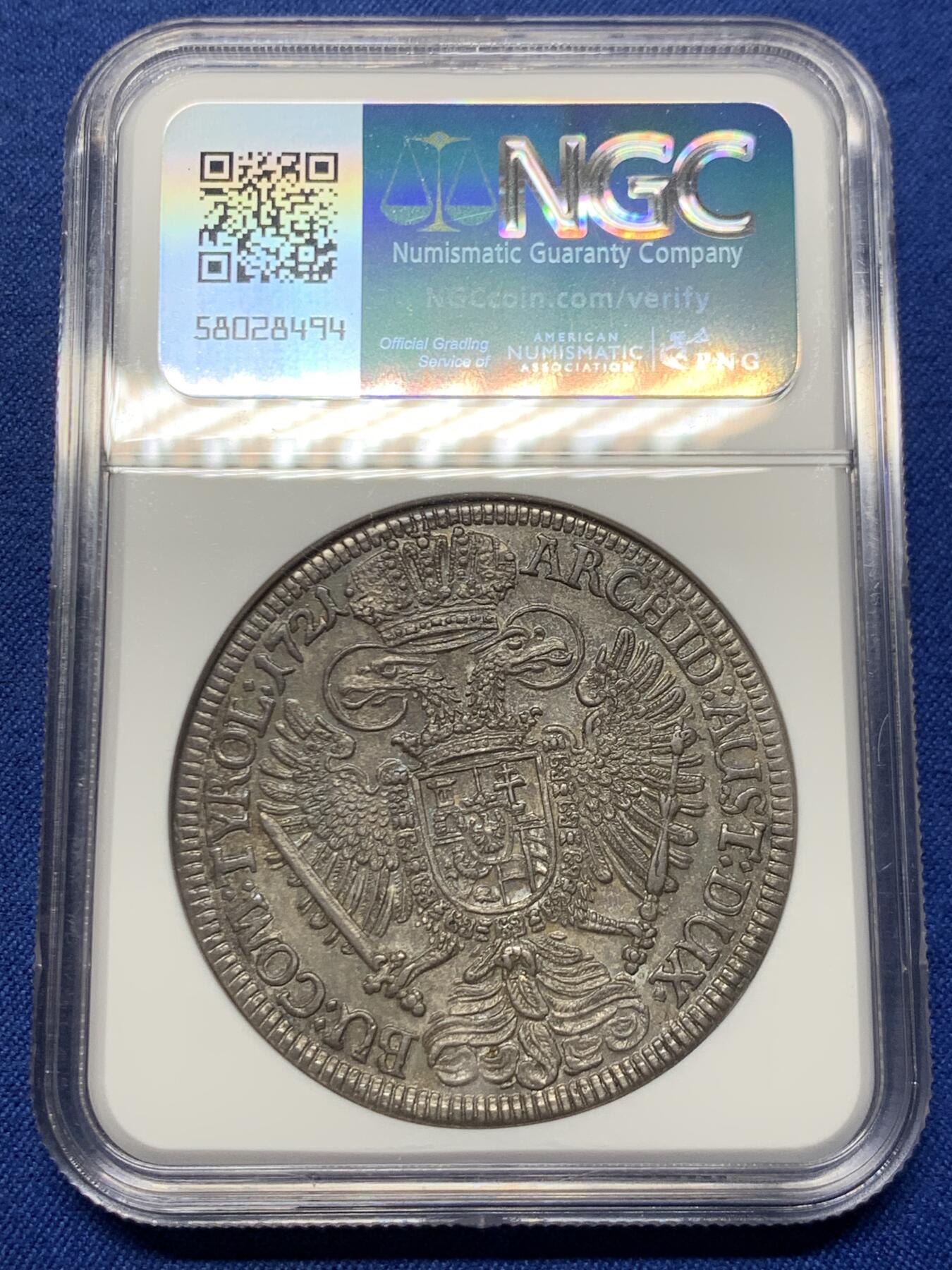 《竞宝斋》第447场 周日，周一，2场连拍 （全场包邮） 亚军分 NGC MS63 神圣罗马帝国 1721年 查理六世 泰勒大银币 原味深包浆 非常舒服的状态