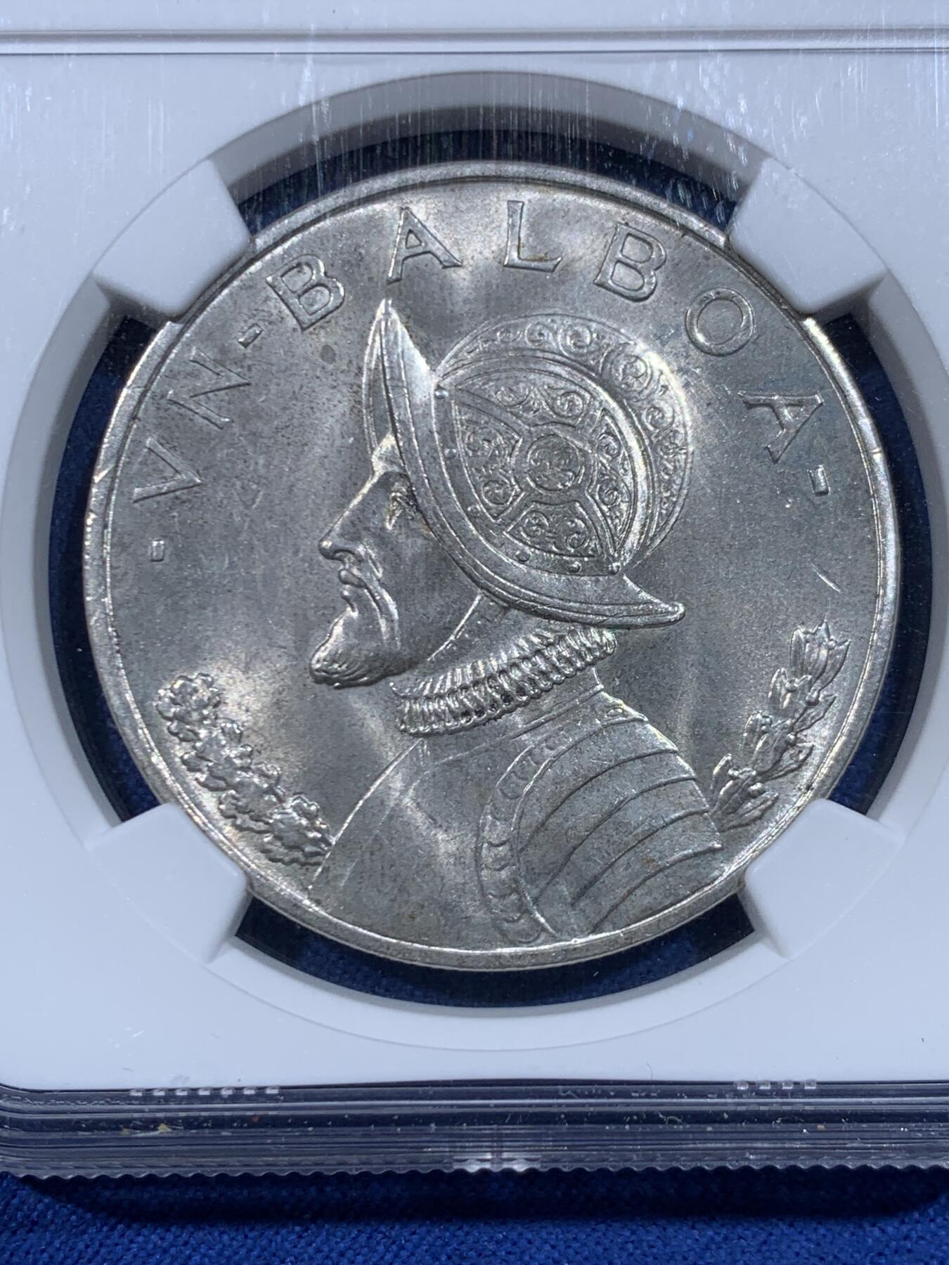 《竞宝斋》第447场 周日，周一，2场连拍 （全场包邮） NGC MS63 巴拿马1947年1巴波亚银币 女神系大银币 原汁原味银霜包浆 状态极佳