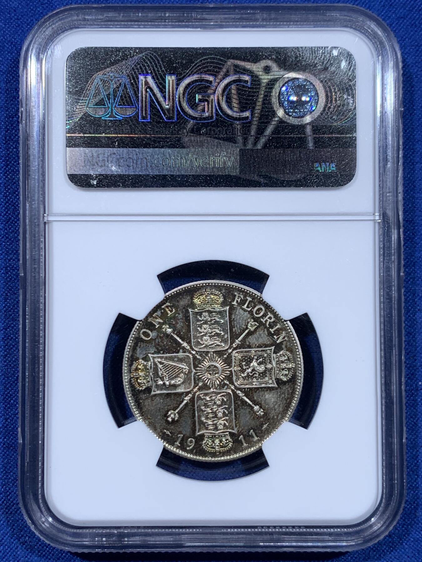 《竞宝斋》第447场 周日，周一，2场连拍 （全场包邮） NGC PF67 英国 1911年 乔治五世精制1弗洛林银币 英系经典品种，镜面效果好，尤其背面，黄绿包浆，少见彩系，非常漂亮