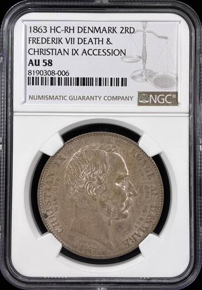 【雨安】【直播拍卖】【世界币章121期-评级币】2025-12-20 周六 19:30 保真 - [评级欧洲] Denmark 丹麦 2达勒 KM#0770 1863年 克里斯蒂安九世  NGC-AU58 原味粉光 严评 有概率冲刺MS分数