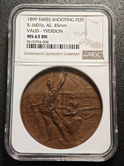 【德藏】世界币章拍卖第157期（拍品征集中~欢迎藏友联系） - 1899年瑞士沃州-伊韦尔东射击节纪念铜章 NGC MS63BN 季军分 稀少品种 市场流通量小于200枚