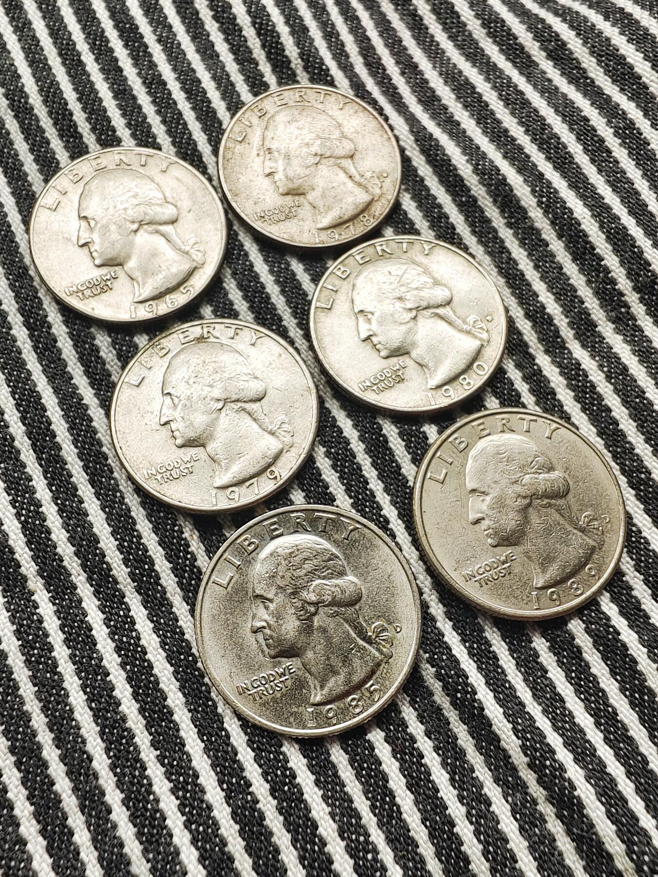 美国华盛顿25美分飞鹰币6枚一组不重复 分币 硬币 收藏  1965/1978D/1979/1980D/1985D/1989D