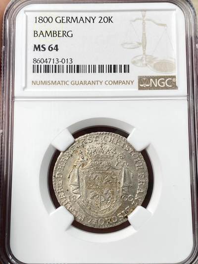 万国钱币拍卖第057期（万国冬季大拍） - NGC MS64 1800年德国班贝格教区1/4泰勒20克洛泽银币 全深打罕见原味玫瑰色顶级收藏品质