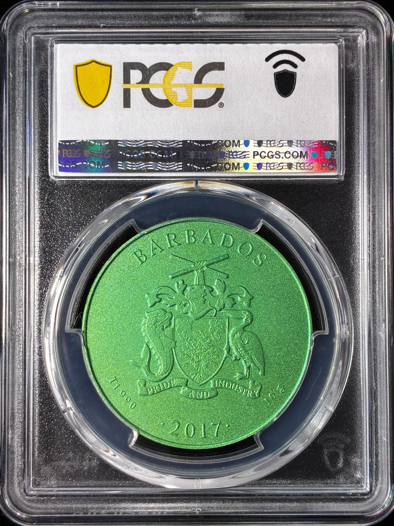 【雨安】【直播拍卖】【世界币章121期-评级币】2025-12-20 周六 19:30 保真 [评级现代] Barbados 巴巴多斯 1元 2017年 绿猴 钛币  PCGS-MS70