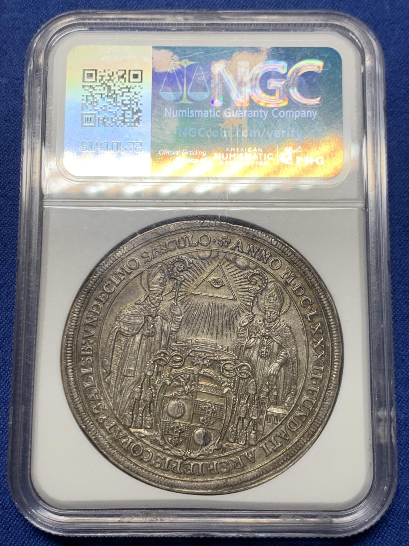 《竞宝斋》第447场 周日，周一，2场连拍 （全场包邮） NGC MS63 奥地利萨尔茨堡 1682年 主教区建立1100年泰勒大银币 光度极好 细节精美 稀少品种 包浆自然 老币最合适的状态
