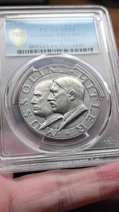 凡希社世界钱币微拍月度大拍（2025/12） 荐！1938德国柏林-罗马轴心双头像纪念银章PCGS-SP64，灰彩标准器，matte磨砂底板，保存状态极佳，见证二战历史的珍稀品种。（视频参考）