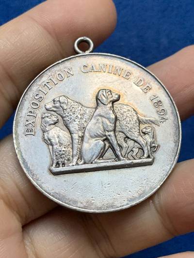 《竞宝斋》第447场 周日，周一，2场连拍 （全场包邮） - 法国1894年圣艾蒂安市犬类展览会纪念银章 22.1克 40.5mm 吊环上面有野猪头银标