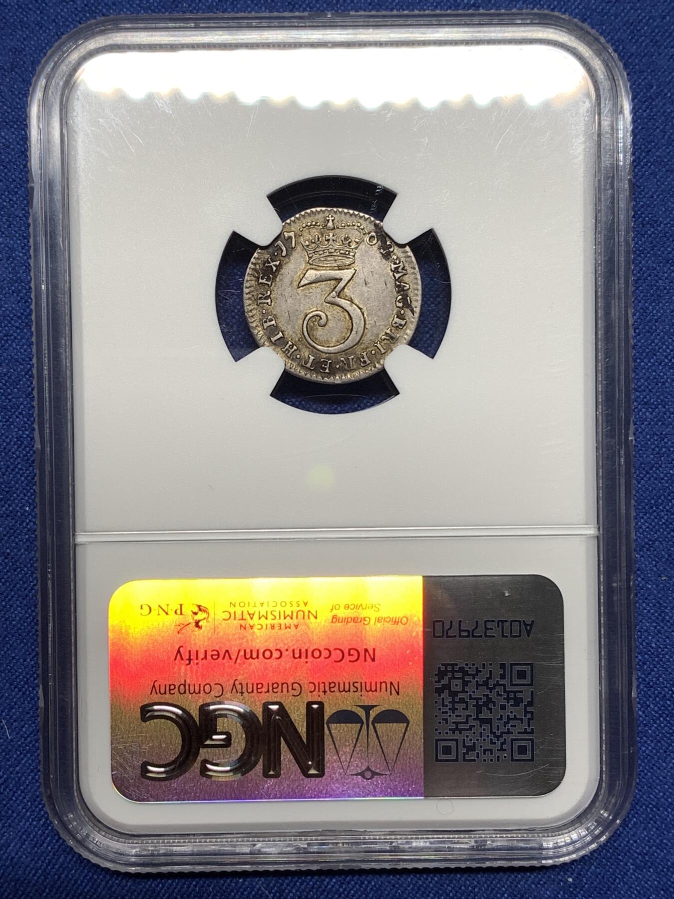 《竞宝斋》第447场 周日，周一，2场连拍 （全场包邮） NGC AU50 英国乔治三世1762年濯足三便士银币，乔治三世的最早一版濯足，细节好品，很少见的品种