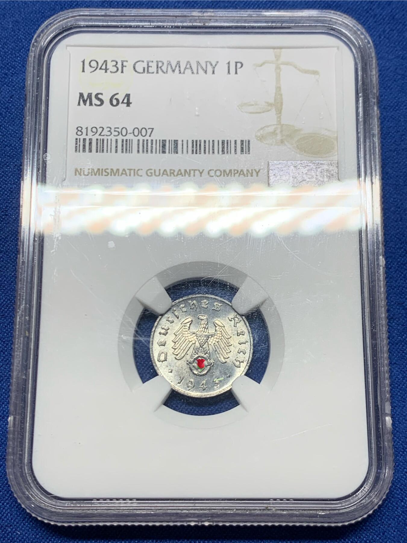 《竞宝斋》第447场 周日，周一，2场连拍 （全场包邮） NGC MS64 德国 1943F 1芬妮 经典小锌币 保存到如此品相不容易 值得入手