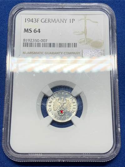 《竞宝斋》第447场 周日，周一，2场连拍 （全场包邮） - NGC MS64 德国 1943F 1芬妮 经典小锌币 保存到如此品相不容易 值得入手