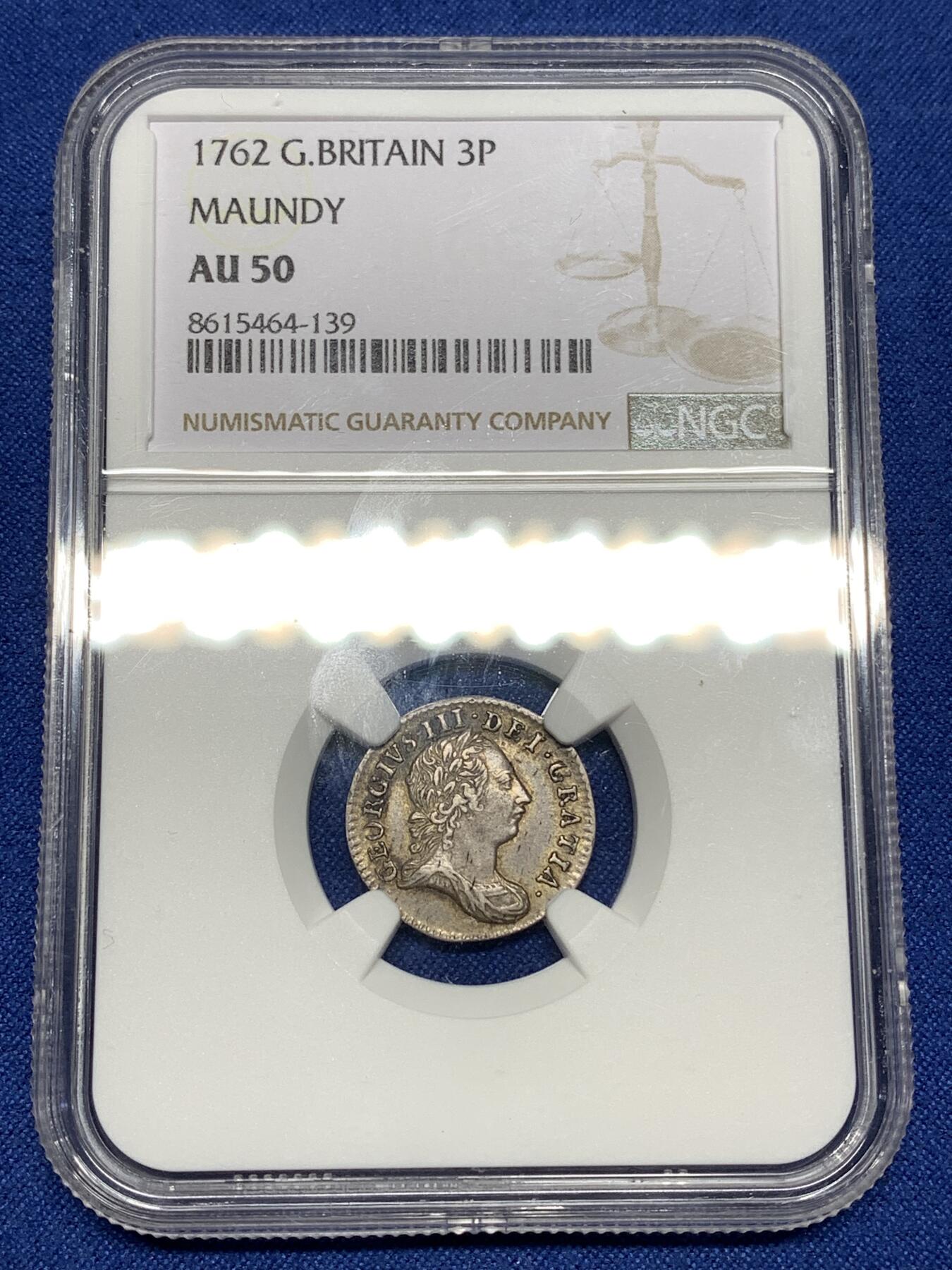 《竞宝斋》第447场 周日，周一，2场连拍 （全场包邮） NGC AU50 英国乔治三世1762年濯足三便士银币，乔治三世的最早一版濯足，细节好品，很少见的品种