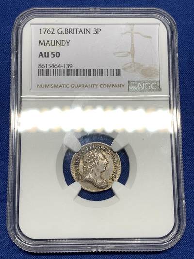 《竞宝斋》第447场 周日，周一，2场连拍 （全场包邮） - NGC AU50 英国乔治三世1762年濯足三便士银币，乔治三世的最早一版濯足，细节好品，很少见的品种