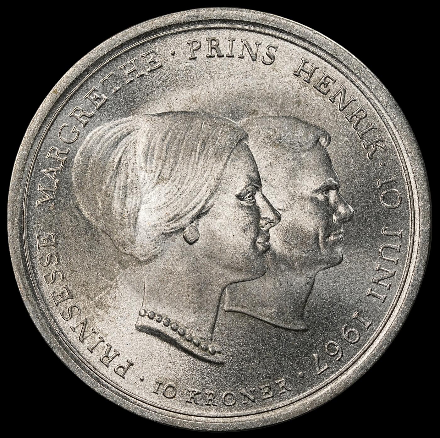 修遠堂世界钱币第九十七期 1967 年丹麦-玛格丽特公主与法国亨里克亲王结婚纪念 10 克朗银币  20.40g，含银80%
