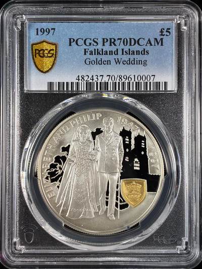 【雨安】【直播拍卖】【世界币章121期-评级币】2025-12-20 周六 19:30 保真 - [评级现代] Falkland 福克兰群岛 5镑 1997年 金婚 PCGS-PR70DCAM 精制