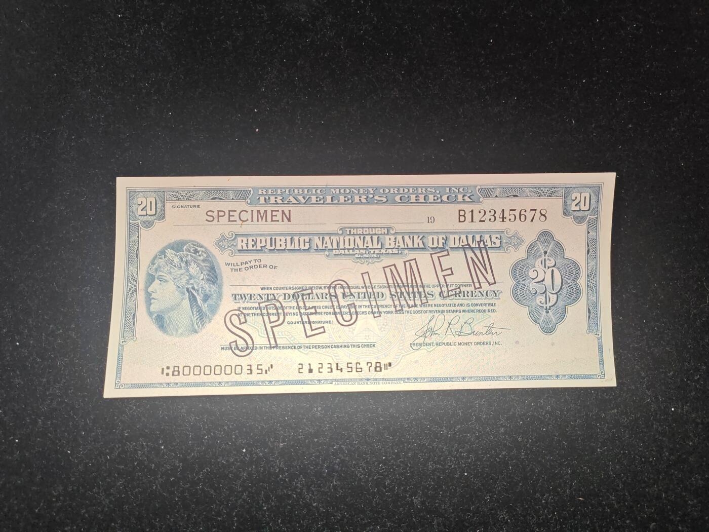 美国 旅行支票 20美元 样票 达拉斯国民银行发行 无打孔 全新未流通状态