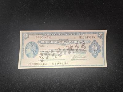 美国 旅行支票 20美元 样票 达拉斯国民银行发行 无打孔 全新未流通状态 - 美国 旅行支票 20美元 样票 达拉斯国民银行发行 无打孔 全新未流通状态