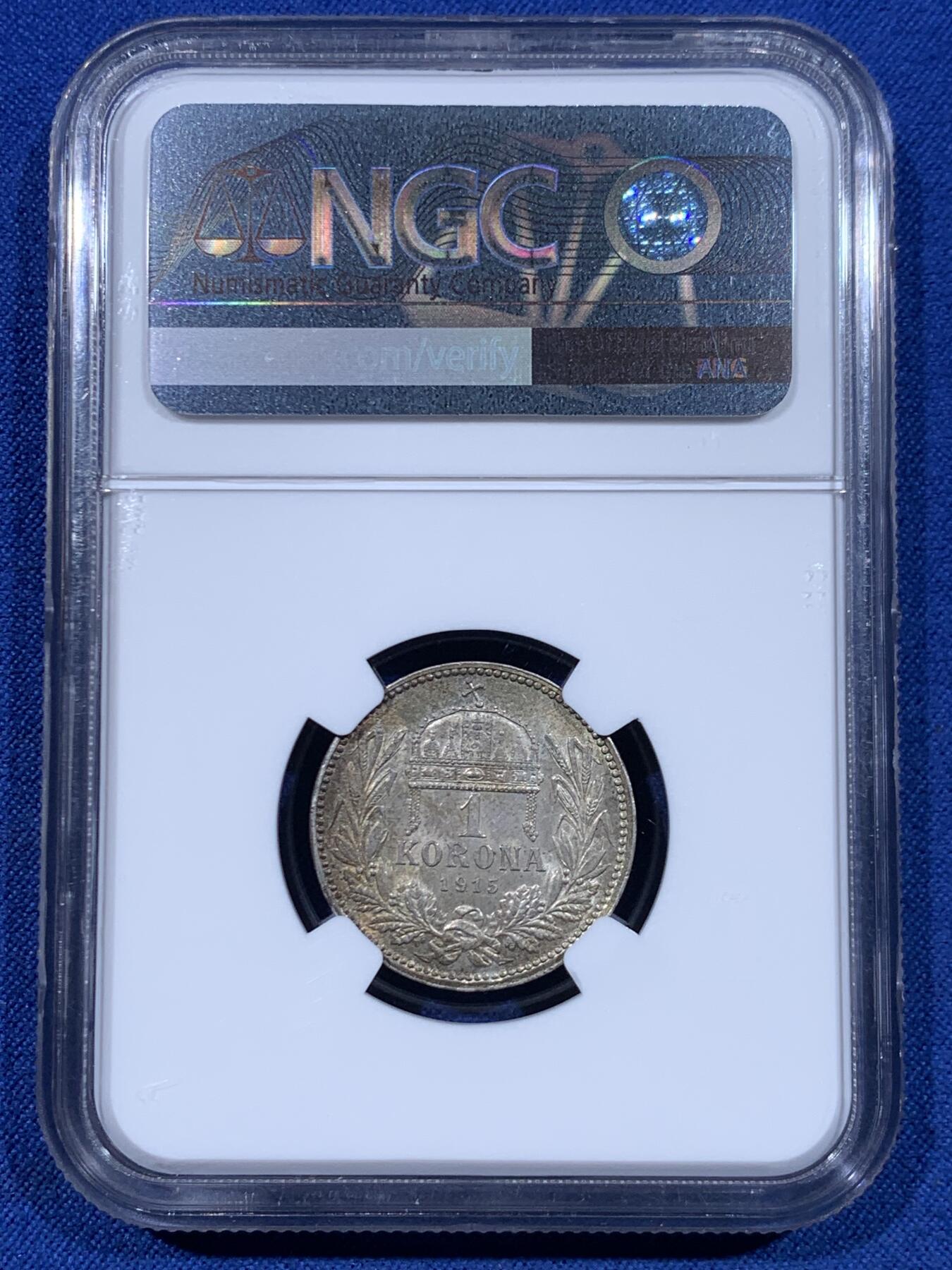 《竞宝斋》第447场 周日，周一，2场连拍 （全场包邮） NGC MS62 匈牙利1915年1科罗娜银币，全币五彩状态，少见的匈牙利版，难得的好状态