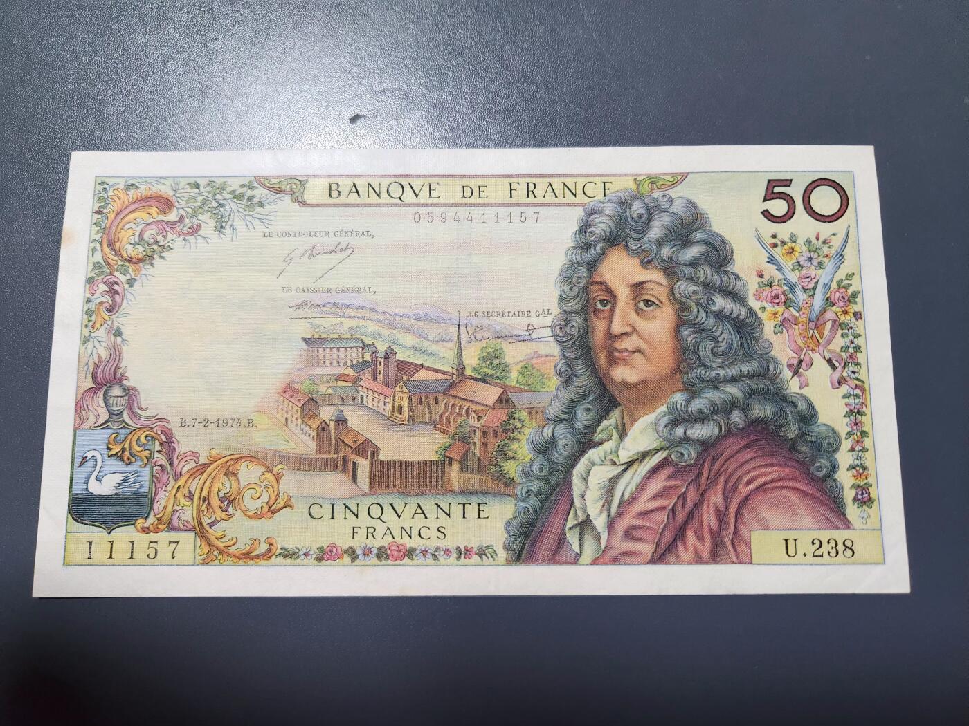 12月13号晚上8点 外国纸币自动截拍第72场 法国1974年100法郎 拉辛 极美品一处黄斑