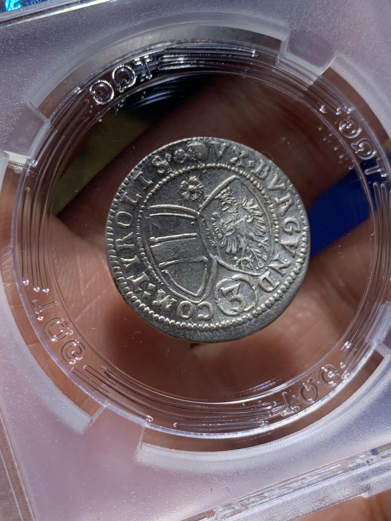 《竞宝斋》第447场 周日，周一，2场连拍 （全场包邮） TQG AU53 神圣罗马帝国 1639年 3克鲁泽银币 币面微弯为打制币常见问题 细节极美 温润转光 神罗币凑品种必备