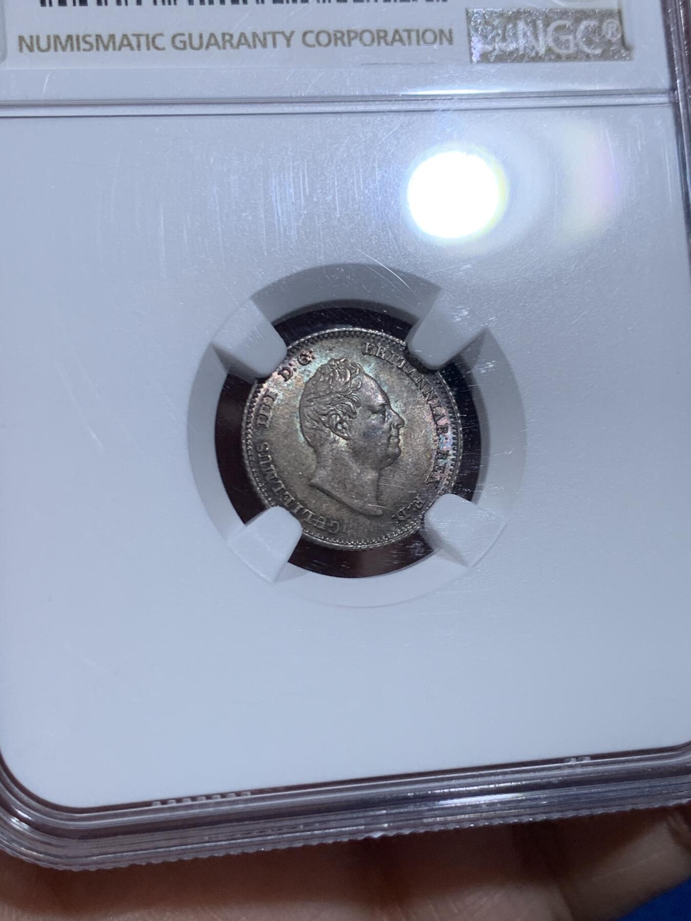 《竞宝斋》第447场 周日，周一，2场连拍 （全场包邮） NGC MS64 英国 1836年 威廉四世 4便士银币 深彩包浆 转光明显