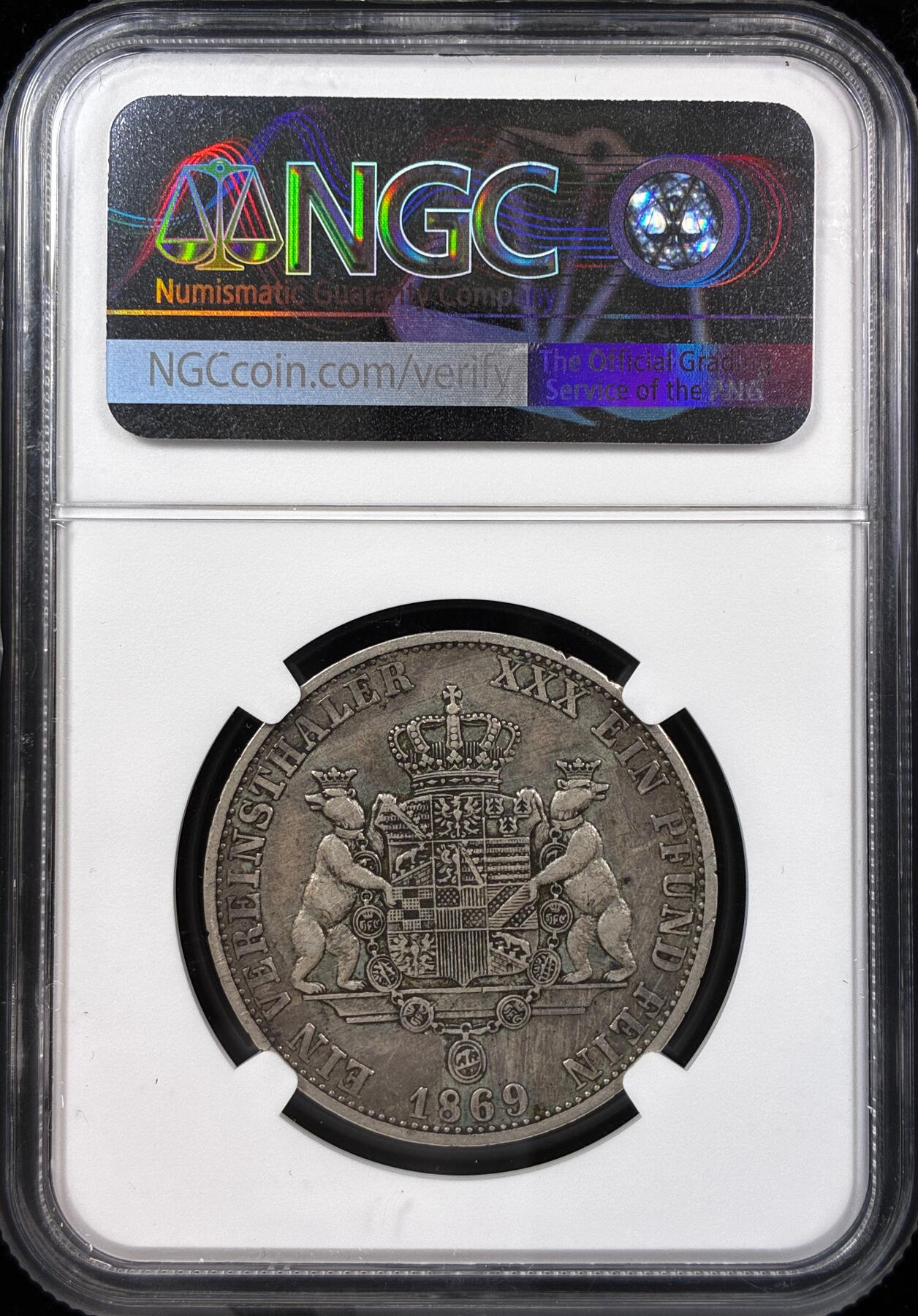 【雨安】【直播拍卖】【世界币章121期-评级币】2025-12-20 周六 19:30 保真 [评级德国] Germany 德国 德意志 1泰勒 Anhalt-Dessau安哈特 Thun.010 KM#0020 (1866-1869) 双熊 1869年  NGC-AU