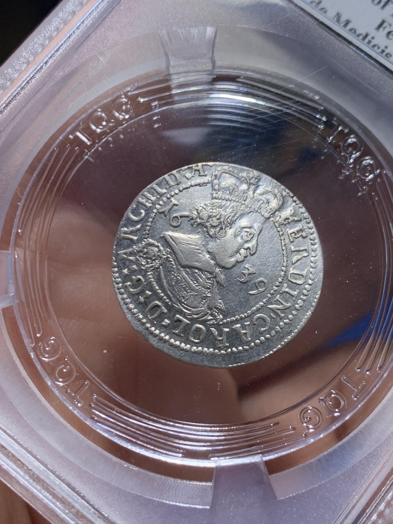 《竞宝斋》第447场 周日，周一，2场连拍 （全场包邮） TQG AU53 神圣罗马帝国 1639年 3克鲁泽银币 币面微弯为打制币常见问题 细节极美 温润转光 神罗币凑品种必备