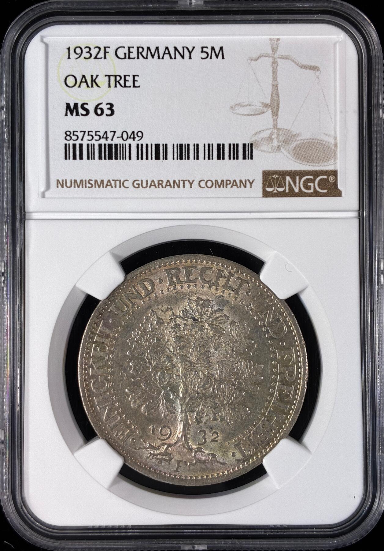 【雨安】【直播拍卖】【世界币章121期-评级币】2025-12-20 周六 19:30 保真 [评级德国] Germany 德国 魏玛 5马克 KM#56 橡树 1932年F  NGC-MS63