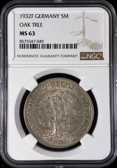 【雨安】【直播拍卖】【世界币章121期-评级币】2025-12-20 周六 19:30 保真 - [评级德国] Germany 德国 魏玛 5马克 KM#56 橡树 1932年F  NGC-MS63