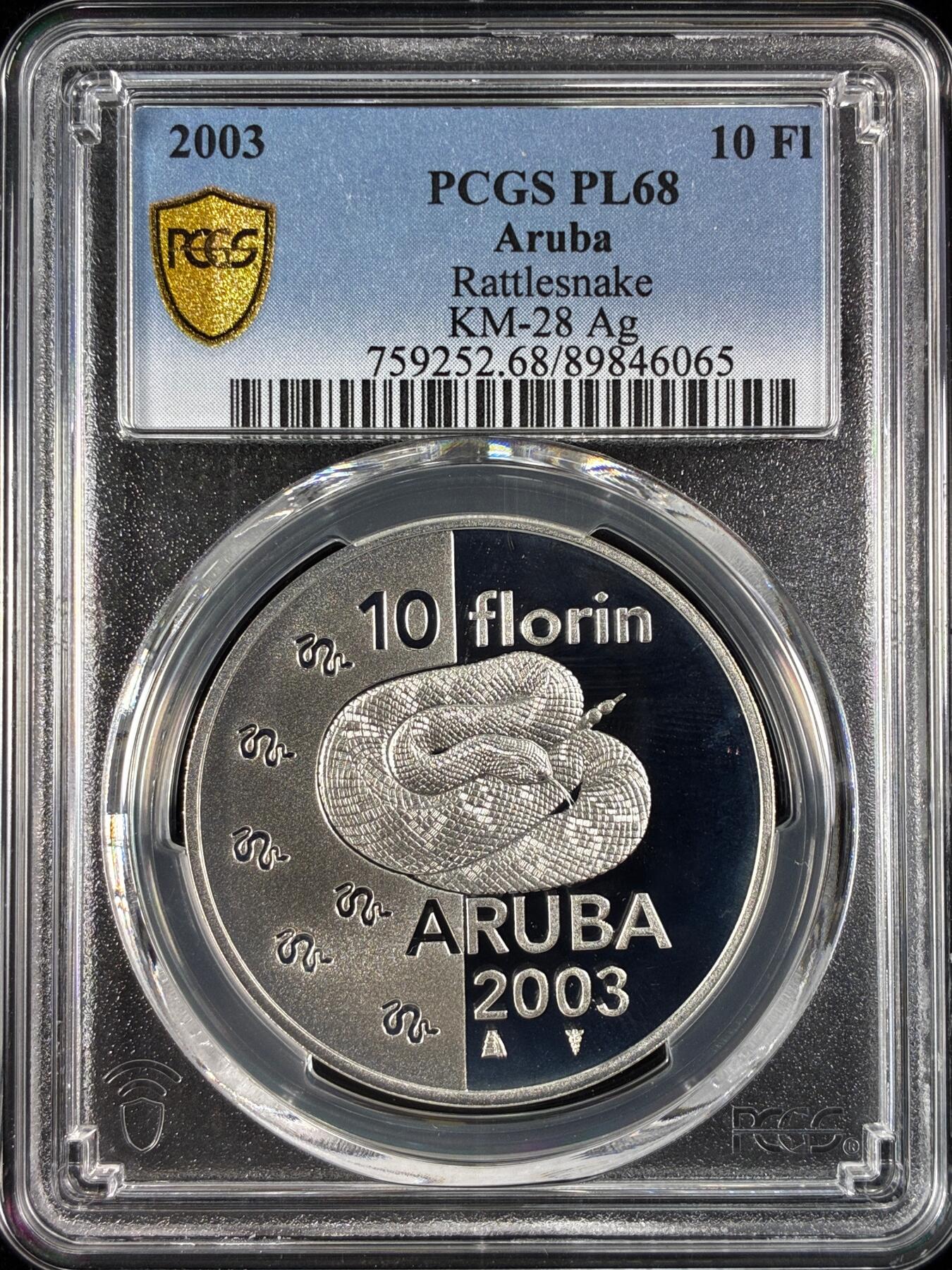 【雨安】【直播拍卖】【世界币章121期-评级币】2025-12-20 周六 19:30 保真 [评级现代] Aruba 阿鲁巴 10弗洛林 2003年 响尾蛇 PCGS-PL68