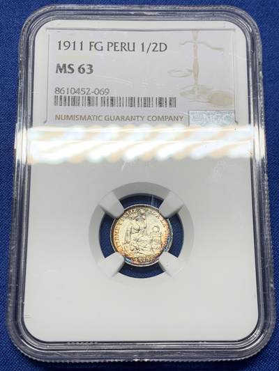 《竞宝斋》第447场 周日，周一，2场连拍 （全场包邮） - NGC MS63 秘鲁1911年1/2蒂娜罗银币，早期年份，镜面感加深蓝月牙彩，宝石般的感觉
