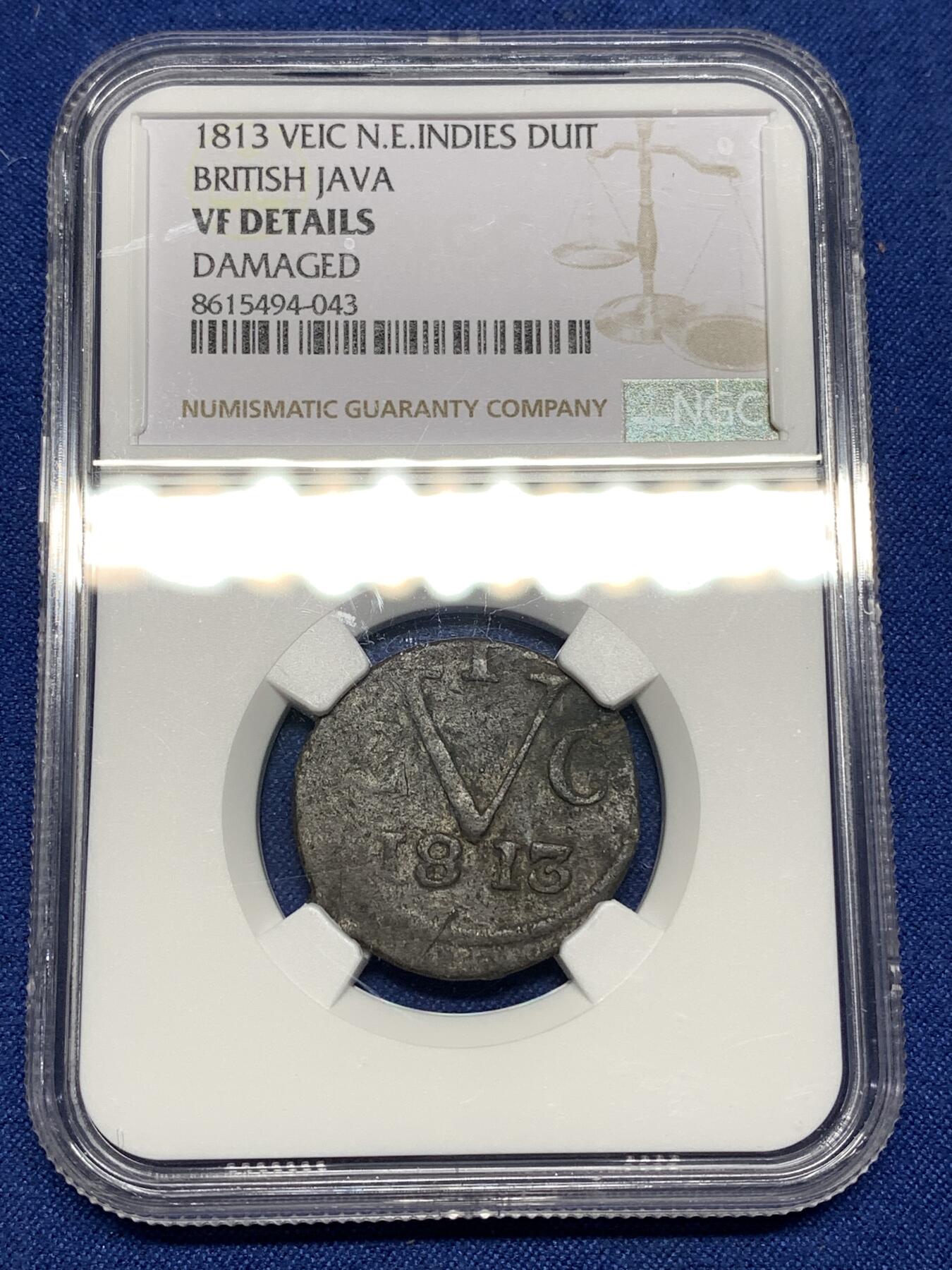 《竞宝斋》第447场 周日，周一，2场连拍 （全场包邮） NGC VFD Java（印度尼西亚国家）1813年1DUIT锡币