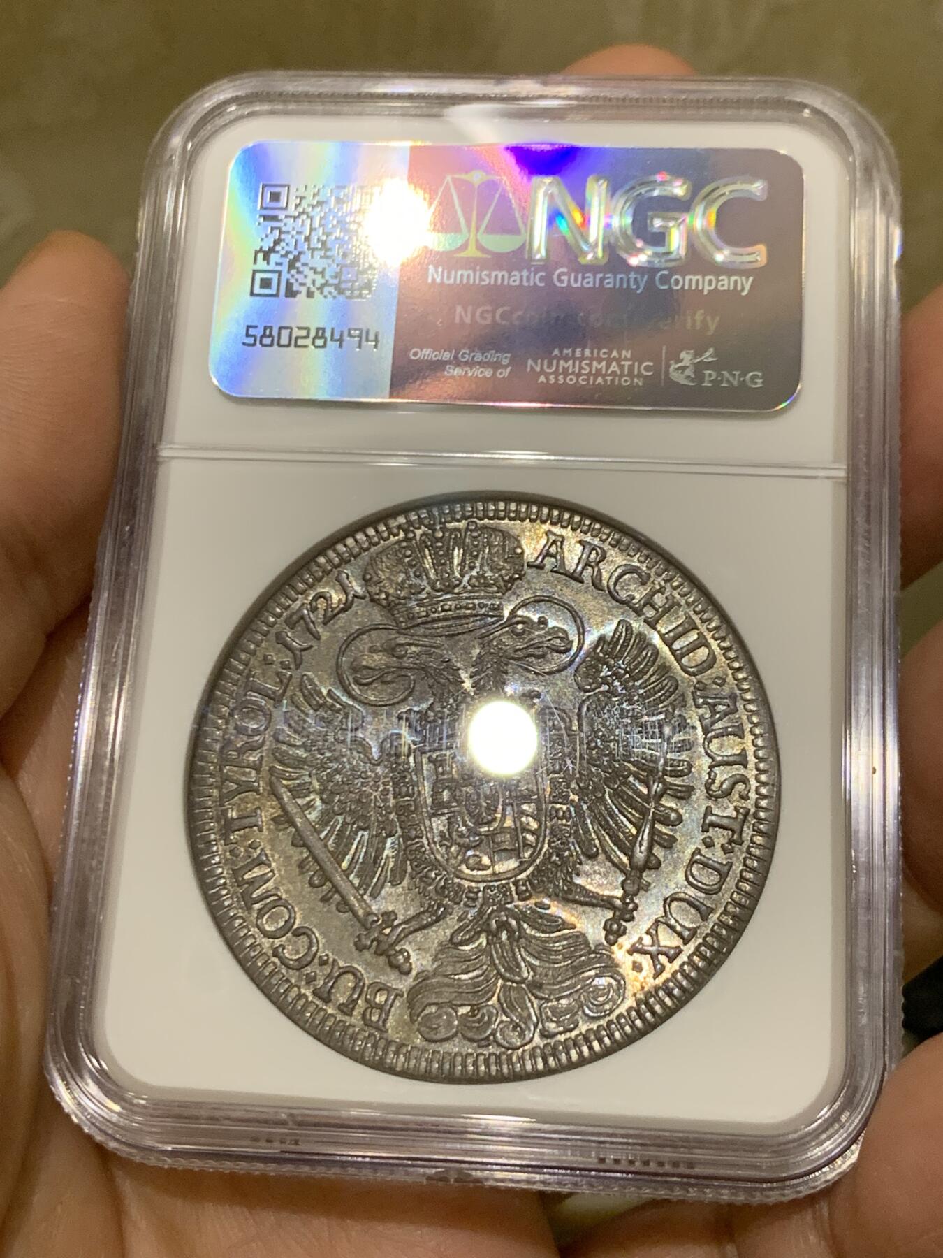 《竞宝斋》第447场 周日，周一，2场连拍 （全场包邮） 亚军分 NGC MS63 神圣罗马帝国 1721年 查理六世 泰勒大银币 原味深包浆 非常舒服的状态