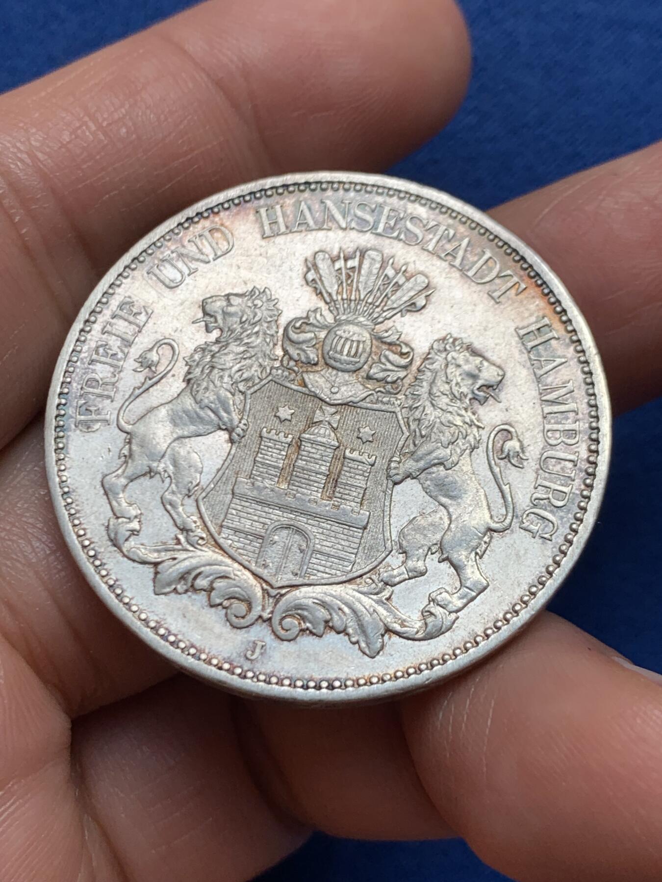 《竞宝斋》第447场 周日，周一，2场连拍 （全场包邮） 德国 1913J 双狮5马克银币 全鬃毛高点清晰 尚有转光 细节见图