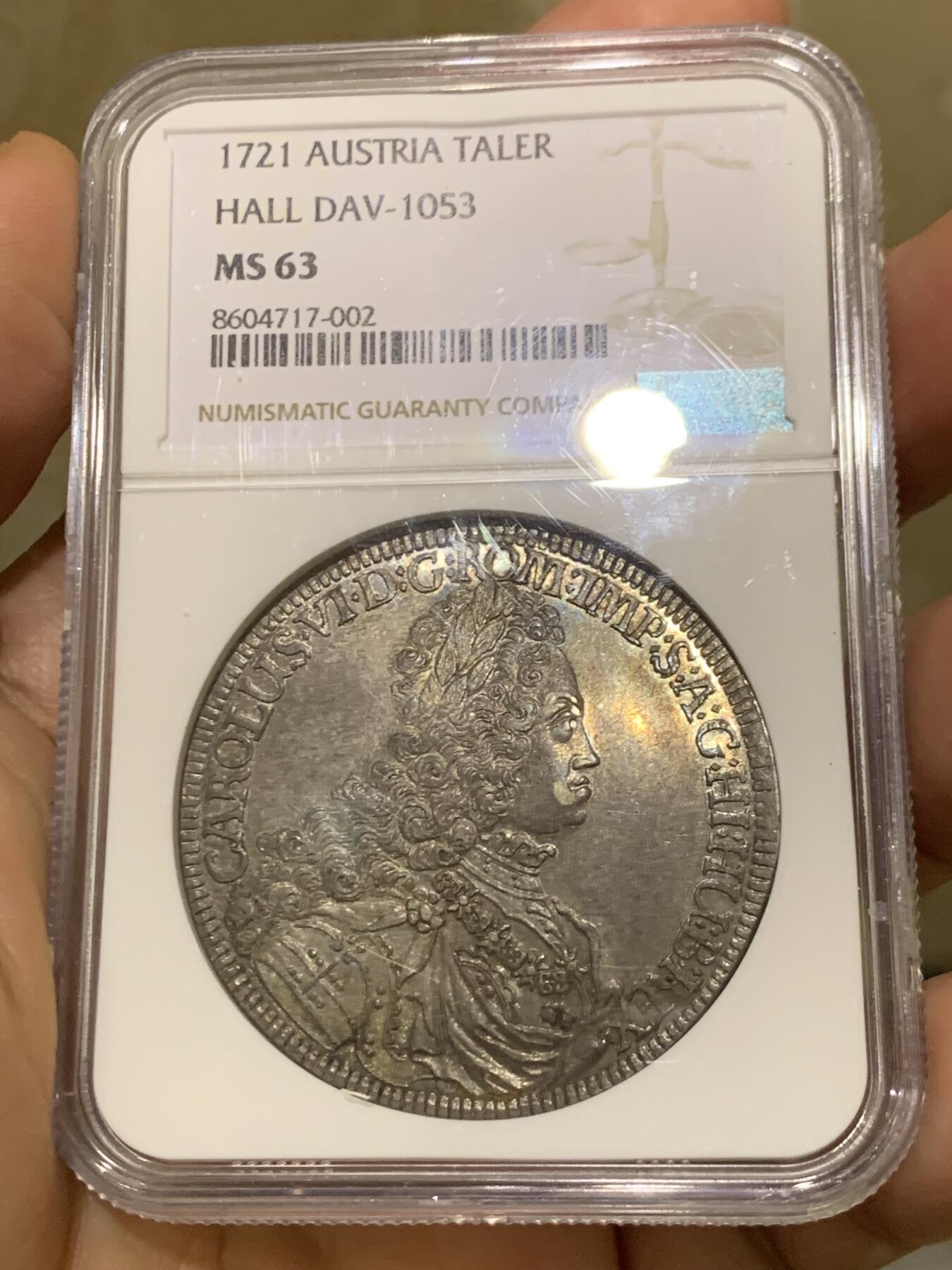 《竞宝斋》第447场 周日，周一，2场连拍 （全场包邮） 亚军分 NGC MS63 神圣罗马帝国 1721年 查理六世 泰勒大银币 原味深包浆 非常舒服的状态