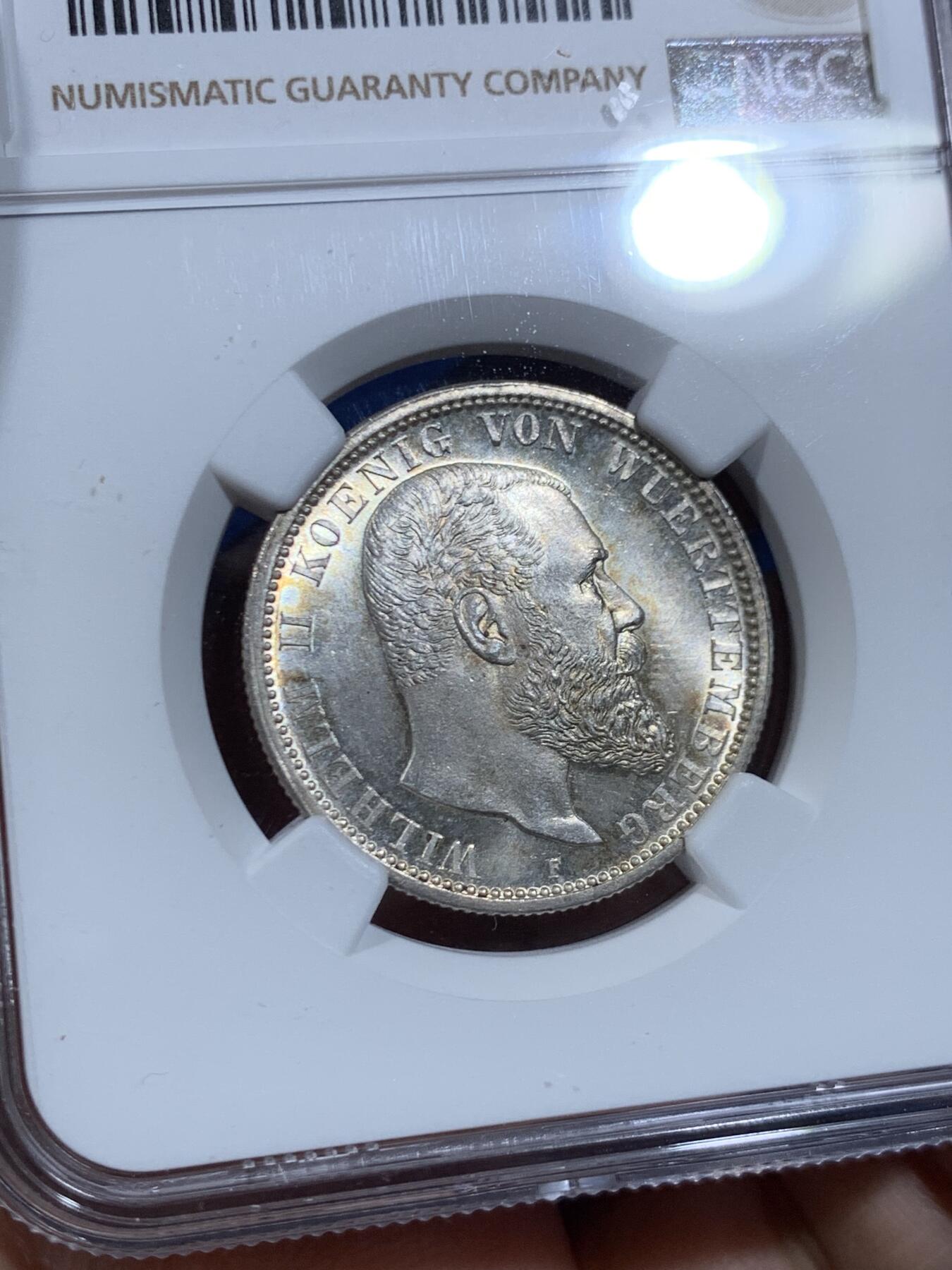 《竞宝斋》第447场 周日，周一，2场连拍 （全场包邮） NGC MS64  德国 1913F 符腾堡威廉二世长翅流通2马克银币 PL底板 转光犀利